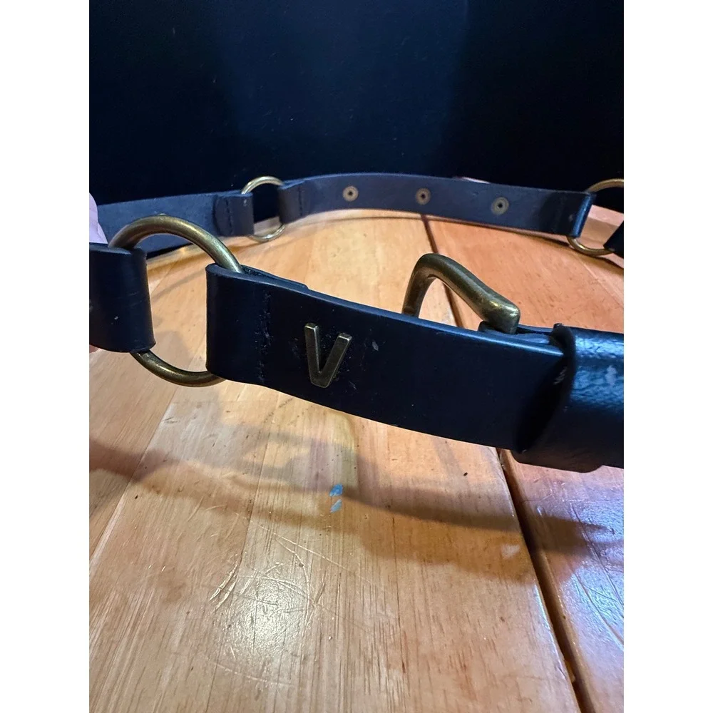 Vintage Black‎ Leather O-Ring Grommet Belt Antique Brass V Logo Grunge Moto